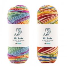 two skeins of colorful yarn with the words silly socks on them