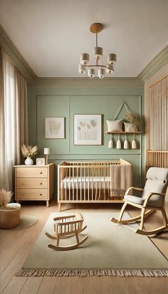 a baby's room with green walls and furniture