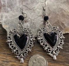 Black Heart earrings with surgical steel ear wires Black Heart Earrings, Angel Earrings, Black Heart, Victorian Style, Heart Earrings, Victorian Fashion, Ear Wires, Jewelry Earrings Dangle, Etsy Earrings