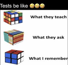 three different colored cubes with text that says, test me like what they teach