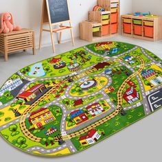 a child's play area with toys and rugs