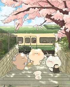 three cartoon characters are sitting on the steps next to a train and cherry blossom trees