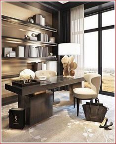 a room with a desk, chair and bookcases on the wall in front of large windows