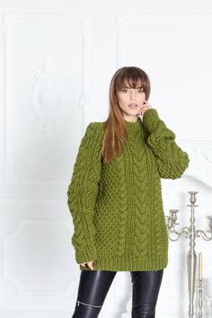 "MATERIAL : 2 strands of 100 % soft wool COLOUR : Green ( There may be a slight difference because of the different monitors' representation) ♥ In the picture the model is wearing a garment with these measurements : A: ( Body lenght) : 29.9 \" / 76 cm B: ( Chest width) : 17.7 \" / 45 cm C: (Sleeve from under the arm) : 22.4 \" / 57 cm D: (Neck unrolled) : 2.4\" / 6 cm. They are taken with the item laid flat and not streched. ♥ For choosing your size please look at size chart in our listing pictu Big Knit Sweaters, Hand Knitted Dress, Hand Knit Sweater, Big Knits, Sweater Dress Oversized, Woolen Sweaters, Pullover Mode, Pullover Outfit, Turtleneck Sweater Dress