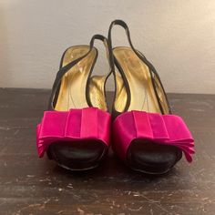 I Was Obsessed With These For Years And Finally Found Them- Wore Once To A Wedding And Ever Since They Have Been Collection Dust On The Top Shelf Of My Closet. Now That I Have 3 Little Ones I Never Get A Chance To Wear Them. I Will Be Sad To See Them Go, Tempted Not To Sell- But They Need A Good Home! Peep Toe Style Black Suede Platform Style (Makes Them Easier To Walk In) Slingback Hot Pink Silk Bows Leather Foot Bed Leather Sole Made In Italy Kate Spade Truly Has The Best Quality Shoes No Trades Pink Sandals With Padded Heel For Formal Occasions, Pink Formal Sandals With Padded Heel, Formal Pink Sandals With Padded Heel, Pink Slingback Pumps With 4-inch Heel And Ankle Strap, Pink Open Toe Slingback Pumps For Spring, Chic Pink Sandals For Formal Occasions, Chic Pink Slingback Pumps With Round Toe, Pink High Heel Slingback Pumps For Party, Chic Pink Slingback Sandals With Heel Strap