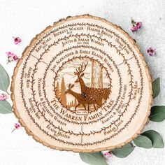 a tree slice with an image of a deer on it