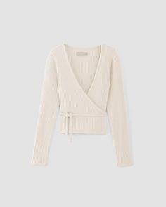 The Rib-Knit Wrap Top Bone – Everlane Cozy Fitted Ribbed Knit Top, Cozy Ribbed Fitted Knit Top, Fitted Ribbed Cotton Cropped Sweater, Ribbed Fitted Cropped Cotton Sweater, Ribbed Crop Top For Fall Loungewear, Ribbed Cropped Sweater For Loungewear, Ballet Wrap Top, Dress Bag, Outfit Formulas