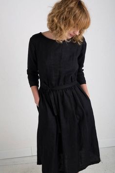 Linen Dress Black Linen Dress 3/4 Sleeve Dress Black Tie Black Long Sleeve Dress With Tie Waist, Casual Black Dress 3/4 Length, Casual Black 3/4 Length Dress, Casual Black Dress With 3/4 Length, Tie Belt Dress, Black Linen Dress, Linen Midi Dress, Belt Dress, Dress Linen