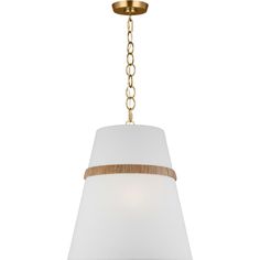 a light fixture with a white shade on the bottom and a wooden trim around it