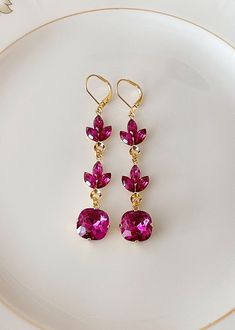 Magenta earrings, crystal leaf and cushion cut earrings, Fuchsia Swarovski crystals, long chandelier earrings, bridesmaid gift Grad Accessories, Magenta Earrings, Elf Jewelry, Cushion Cut Earrings, Beach Barbie, Morganite Earrings, Faberge Jewelry, Long Chandelier, Green Homecoming Dresses