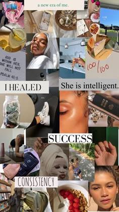 a collage of photos with words and pictures on them that include women's faces