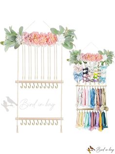 a rack with flowers and ribbons hanging from it's sides next to an image of the