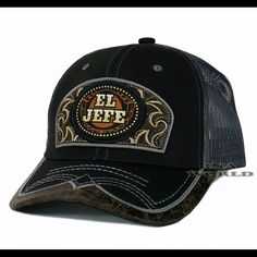 Mexican Hat El Jefe Western Style Embroidered Trucker Mesh Snapback Baseball Cap Black Black Flat Bill Trucker Hat For Rodeo, Black Trucker Baseball Cap For Rodeo, Black Trucker Hat For Rodeo, Black Embroidered Visor Trucker Hat, Casual Black Baseball Cap For Rodeo, Embroidered Trucker Hat, Adidas Bucket Hat, Beaver Hat, Mens Western