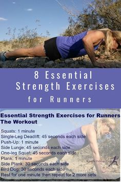 an image of a woman doing exercises on the ground with text overlay that reads 8 essential strength exercises for runners