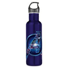 the avengers logo is shown on this stainless steel water bottle