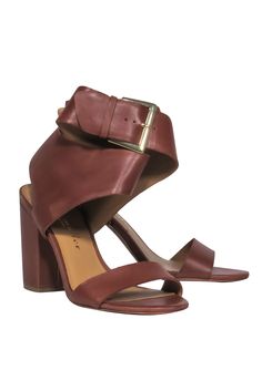 Current Boutique-Bettye Muller - Brown Leather Wide Ankle Strap Sandal Heels Sz 7 Brown Sandals With 4-inch Heel For Party, Chic Sandals With Stacked Heel For Date Night, Medium Width Open Heel Sandals For Date Night, Chic Brown Block Heel Sandals, Party Brown Sandals With Wrapped Heel, Brown Party Sandals With Wrapped Heel, Open Heel Sandals With Medium Width For Date Night, Chic Brown Sandals With Block Heel, Brown Wrapped Heel Sandals For Party