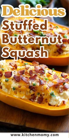 two stuffed butternut squash with bacon on top