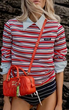 MiuMiu Red Striped Shirt Outfit, Striped Shirt Outfit, Miu Miu Dress, Red Striped Shirt, Knit Wear, Modern Feminine, Red Stripe, Spring Summer Outfits, Preppy Style