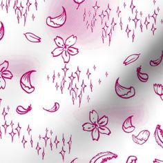 a pink and white background with many different designs