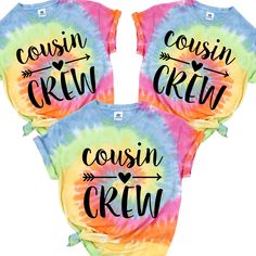 This Cousin Crew shirt is perfect for family gatherings, featuring a retro cousin shirt design in vibrant tie dye. Ideal for kids, toddlers, teens, and adults, this cute shirt makes a fun and colorful gift for any cousin and is great for matching family outfits. SHIRT DETAILS: Make a statement in the tie-dye tee. Made using 5.4 oz of 100% cotton, this shirt is proudly dyed in the USA and no two tees are exactly alike. Sewn with a seamless rib at the neck, double-needle stitching throughout and t Multicolor Letter Print T-shirt For Father's Day, Playful Tie Dye Short Sleeve T-shirt, Father's Day Multicolor T-shirt With Letter Print, Playful Tie-dye Short Sleeve T-shirt, Father's Day Multicolor Letter Print T-shirt, Fun Tie Dye Tops With Letter Print, Fun Tie-dye Top With Letter Print, Relaxed Fit Tie Dye Top With Custom Print, Multicolor Family Matching T-shirt