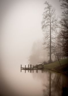 a foggy lake with a wooden dock in the foreground and trees on the other side