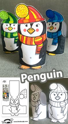 penguins with hats, scarfs and scarves are shown in this penguin paper craft