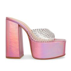 New $139 Steve Madden Ruby Pink Iridescent Platform Sandal These Beauties Are About As Glam As It Gets. Ruby Is A Stunning Platform Sandal With A Soaring Block Heel And Rhinestone Embellishments. Lucite Upper Material With Stones Unlined Synthetic Sock Synthetic Sole 5.75 Inch Heel Height 2 Inch Platform New! Unworn! New Without Tags Some Dents/Scuffs To Note. Refer To Photos + Reach Out If You Have Any Q's! Size: 8.5 Always Open To Offers Bundle To Save Follow Along Basicposhbabe On Ig Pink Chunky Heels, Pink Platform Heels, Steve Madden Platform, Yas Queen, Pink Platforms, Steve Madden Store, Glam Chic, Women Platform Shoes, Girl Closet