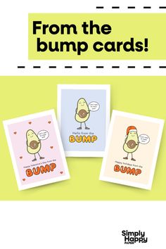 three cards that say, from the bumpp card set with an image of a bird and