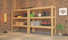 a large wooden shelf filled with lots of different items next to a brick wall and potted plant