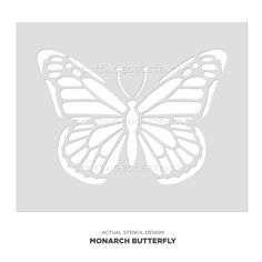 the monarch butterfly stencil is shown in white on a gray background with text