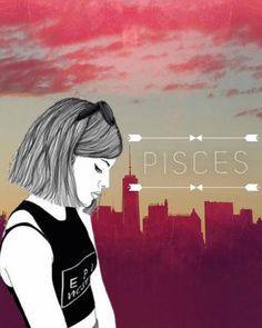 a woman standing in front of a cityscape with the words pieces on it