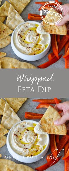 the dip is being served with pita chips and carrots to make it look like an appetizer