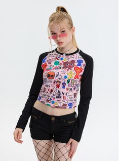 Behold a t-shirt that is bursting with color and creativity, designed for those who dare to stand out. This piece is a collage of vibrancy, featuring a myriad of playful characters and bold words that embody a spirit of fun and freedom. The long pink sleeves contrast with the animated central panel, making for a unique garment that's as expressive as it is comfortable. Perfect for adding a splash of joy to any outfit, it's the ideal choice for the adventurous soul looking to make a statement.Fab Playful Colorful Crew Neck T-shirt, Multicolor Funny Print T-shirt For Streetwear, Multicolor Graffiti Print Cotton T-shirt, Pop Culture Graphic Crew Neck Tops, Spring Multicolor Graphic T-shirt, Trendy Tops With Cartoon Print For Streetwear, Multicolor Letter Print Tops For Streetwear, Fun Long Sleeve T-shirt With Screen Print, Pop Culture Graphic Design Tops For Summer