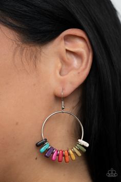 A rainbow of multicolored stones are separated by dainty silver discs along a silver hoop, resulting in a colorful and earthy fringe. Earring attaches to a standard fishhook fitting.

 Sold as one pair of earrings. Multi Earrings, Fringe Earring, Multicolor Earrings, Kids Rings, Fish Hook Earrings, Paparazzi Accessories, Paparazzi Jewelry, Online Earrings, Circle Earrings