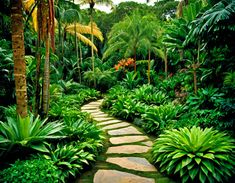 a stone path surrounded by lush green plants and trees