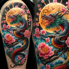 two tattoos with flowers and a dragon on them, one is full of color in the background