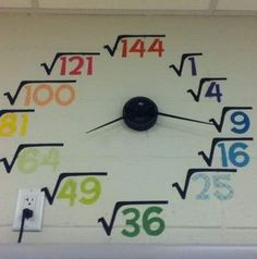 a clock with numbers painted on it in the middle of a wall and an electrical outlet