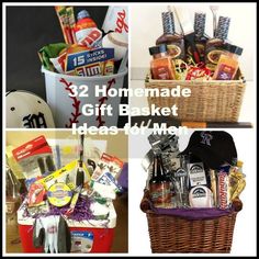 the basket is filled with different items and has text that reads, homemade gift basket ideas for men