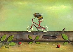 a painting of a bee riding a bike on a log with leaves and berries around it