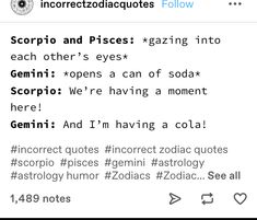 an image of someone's text message on their cell phone that says scorpion and pisces gazing into each other's eyes