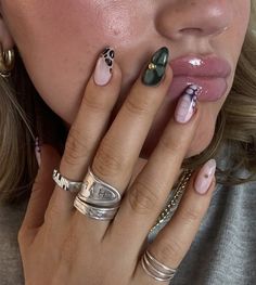 Nail Ideas 90s, Funky French Tip Nail Designs, Fun Short Summer Nails, Quirky Nail Designs, Medium Almond Acrylic Nails, Nails With Design Ideas, Earthy Nails Designs, Mismatched Nail Art, Iconic Nails