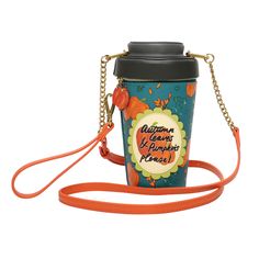 a coffee cup shaped purse with an orange leash attached to the front and side, on a white background