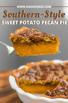 a piece of southern style sweet potato pecan pie being held up by a fork