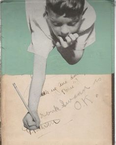 an old photo of a young man writing on a piece of paper with handwritten notes