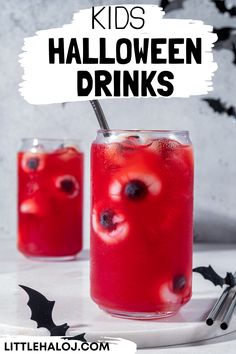 two glasses filled with halloween drinks and the words kids halloween drinks written in white above them