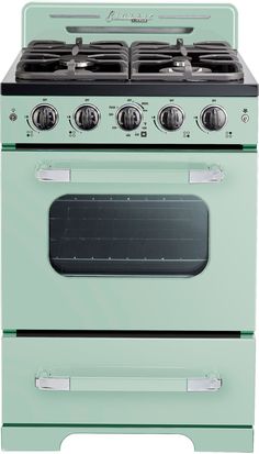 a green stove top oven with two burners and one door on the front side