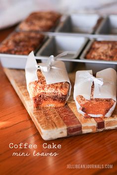 baked goods displayed on wooden cutting board with words coffee cake mini leavers in background