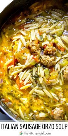 italian sausage orzo soup in a large pot