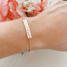 Double Initials Bracelet - Petite Bar - Ekalake Handmade Jewellery Dainty Rose Gold Name Bracelet With Initials, Minimalist Rose Gold Bracelet With Custom Name, Minimalist Rose Gold Name Bracelet For Personalized Gift, Minimalist Name Bracelet For Everyday, Rose Gold Bracelets With Initials For Everyday, Minimalist Rose Gold Name Bracelet With Initials, Everyday Rose Gold Bracelets With Initials, Minimalist Rose Gold Initials Name Bracelet, Minimalist Custom Name Bracelet