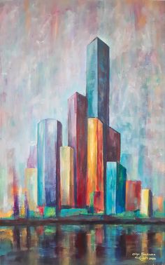 a painting of a cityscape with skyscrapers in the foreground and water below